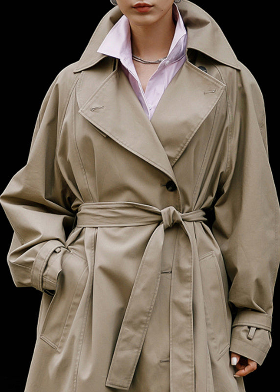 Khaki Peter Pan Collar Tie Waist Button Pockets Cotton Trench Coats Long Sleeve Fall