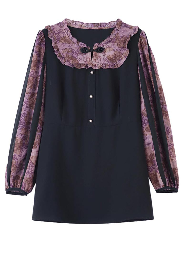 Purple Chinese Button Patchwork Spandex Fake Two Piece Tops Fall