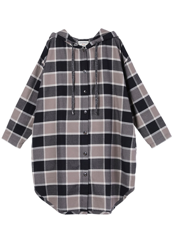 Handmade Khaki Plaid Hooded Drawstring Button Fall Shirt Top