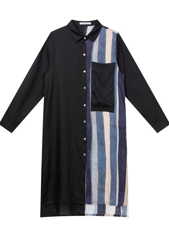 Black Low High Design Striped Linen Long Shirt Spring