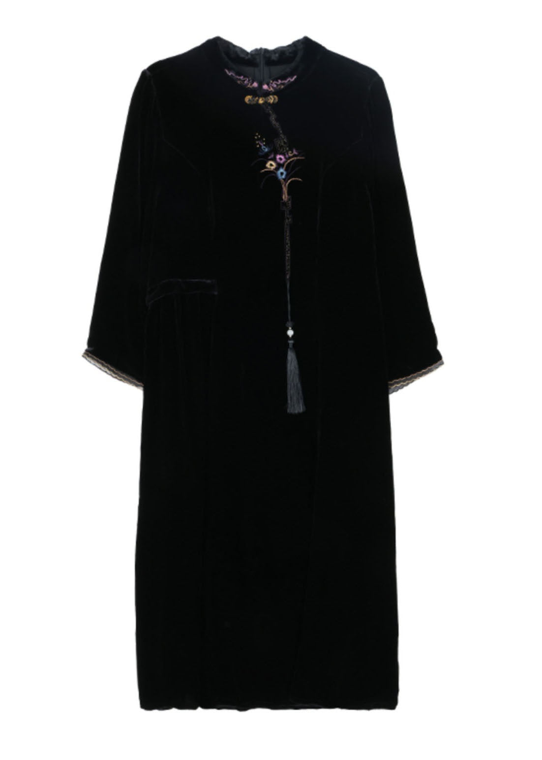 Classy Black Stand Collar Embroideried Silk Velour Maxi Dress Fall