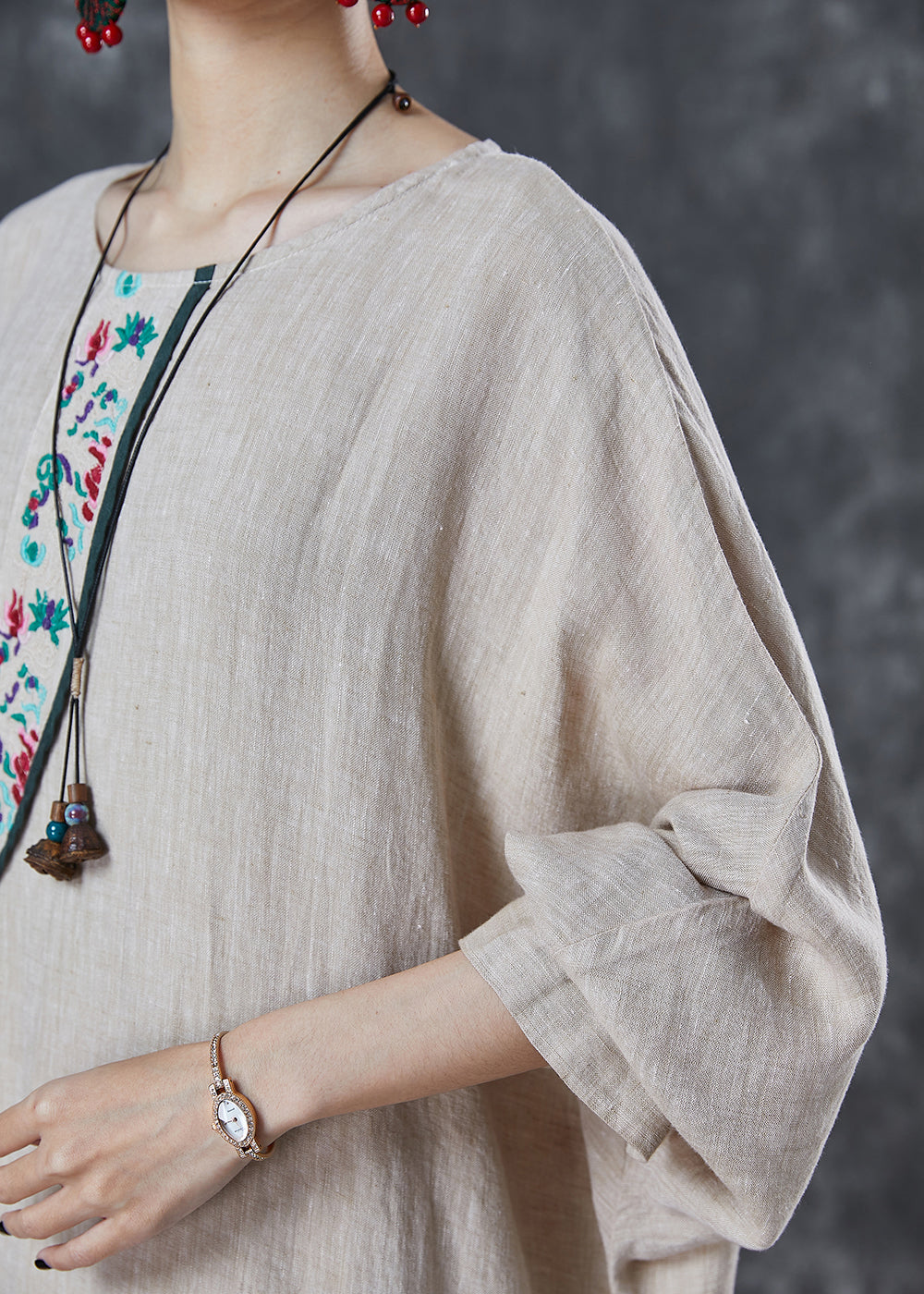 Gradient Color Embroidered Linen Ankle Dress Spring