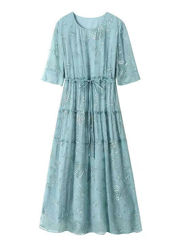 Blue O-neck Embroideried Ruffled Tie Waist Silk Dress Summer