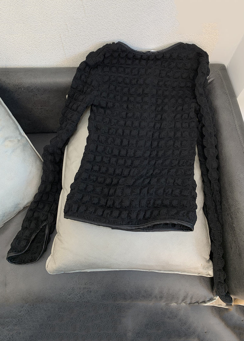 Slim Fit Black O-neck Button Cotton Top Fall