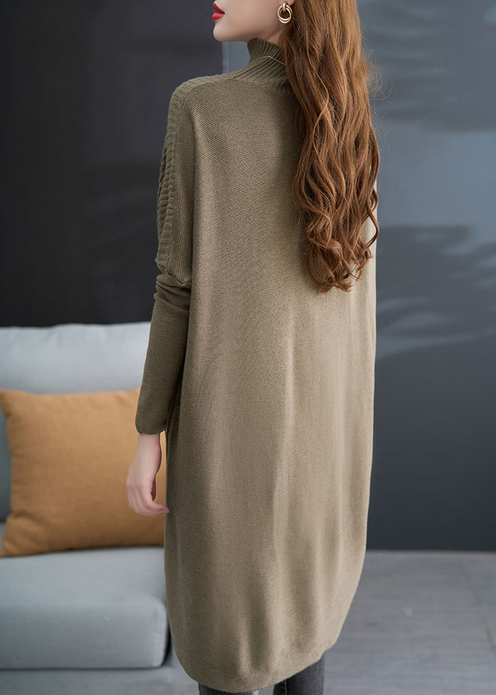 Khaki Green Hign Neck Asymmetrical Knit Sweater Fall