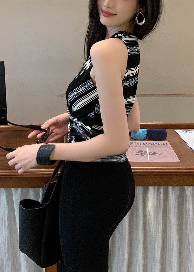 Black Asymmetrical Striped Cotton Halter Tops Summer