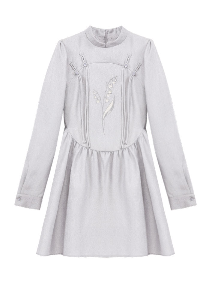 Grey Stand Collar Tasseled Embroideried Patchwork Silk Dress Spring