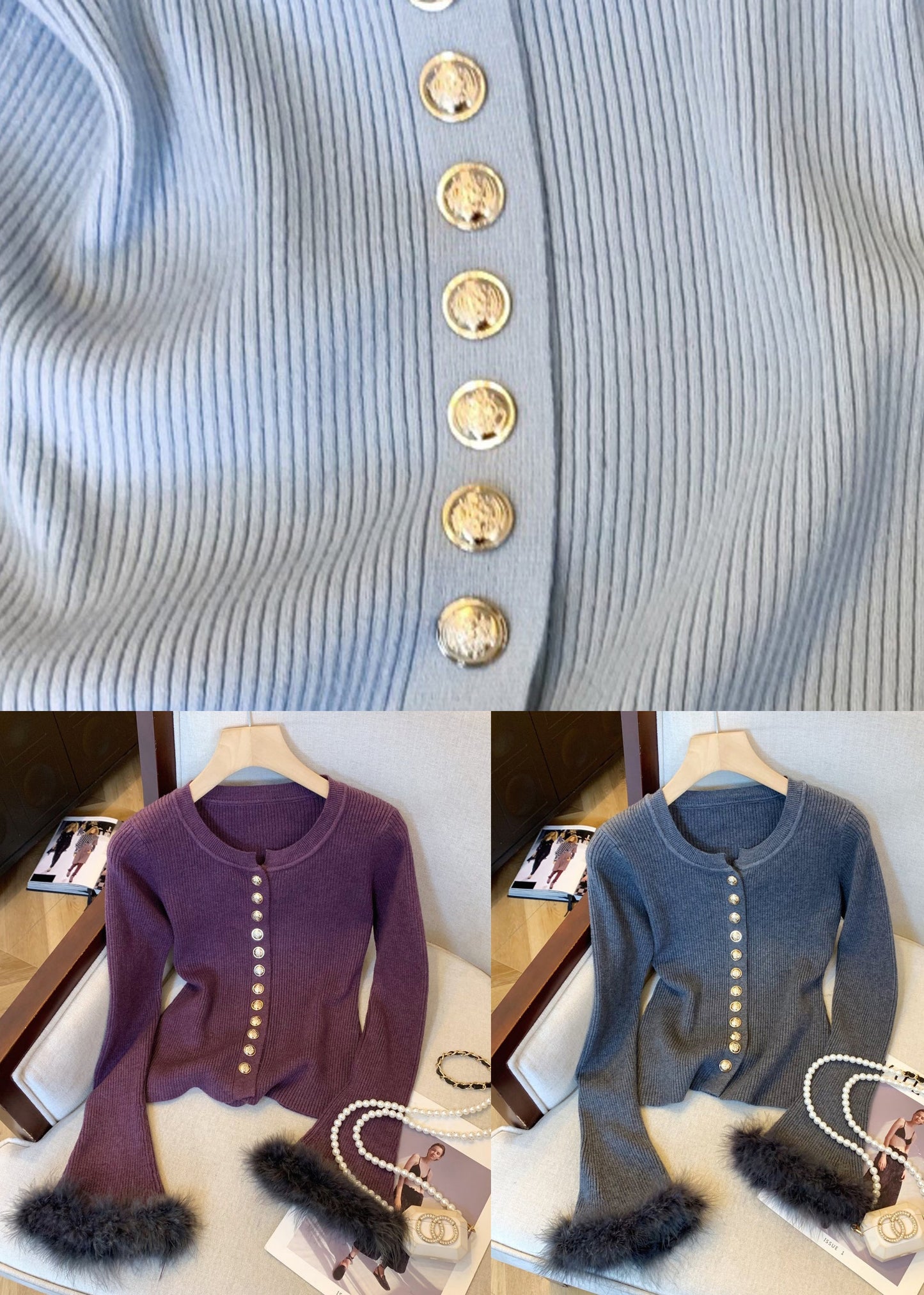 New Blue O Neck Cozy Patchwork Knit Sweater Tops Winter