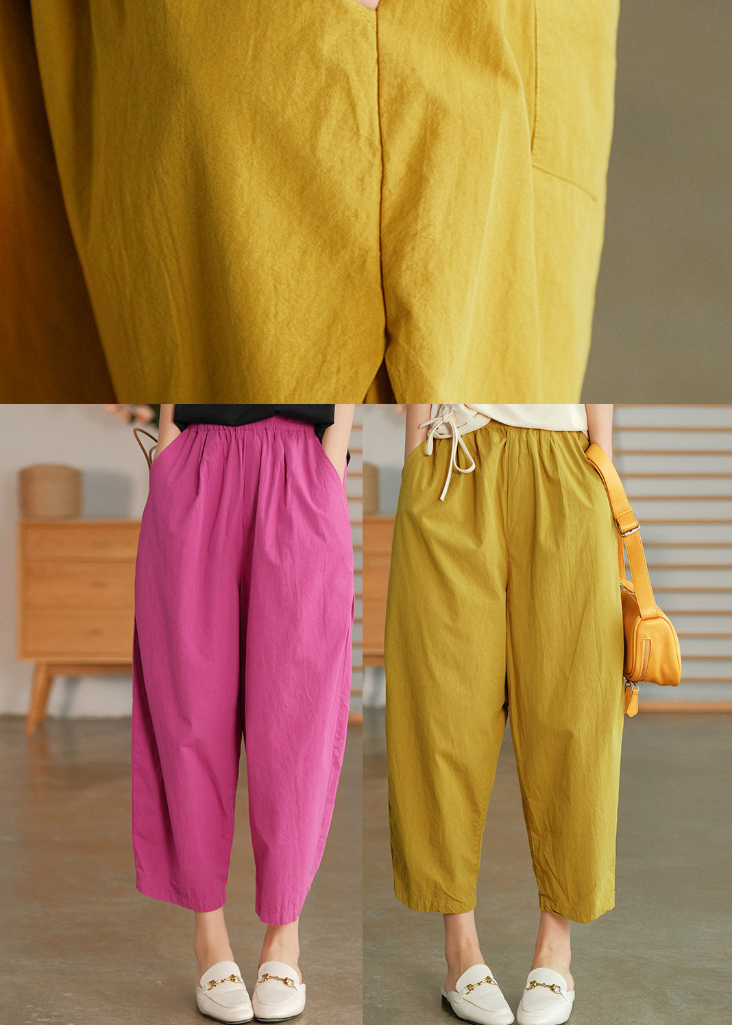 Rose Pockets Loose Harem Pants Elastic Waist Spring