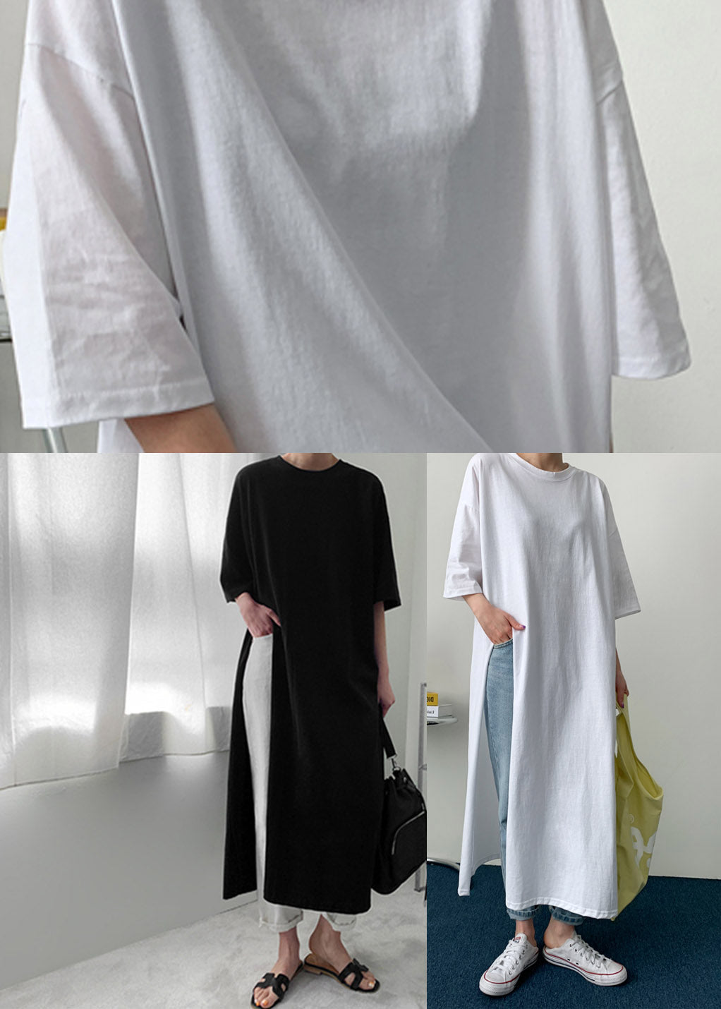 White O-neck Cotton Long T Shirt Half Sleeve