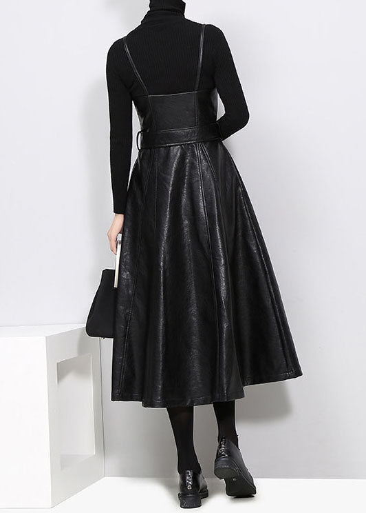 Slim Fit Tie Waist Black Faux Leather Spaghetti Strap Dresses Spring