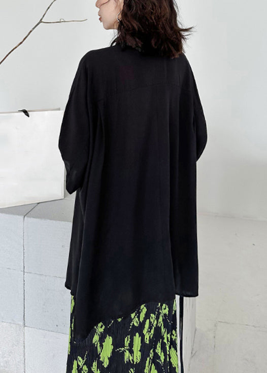 Black Asymmetrical Lace Up Patchwork Cotton Shirt Batwing Sleeve