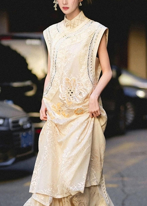 Jacquard Apricot Nail Bead Lace Waistcoat and Skirts Silk Two Piece Set Sleeveless