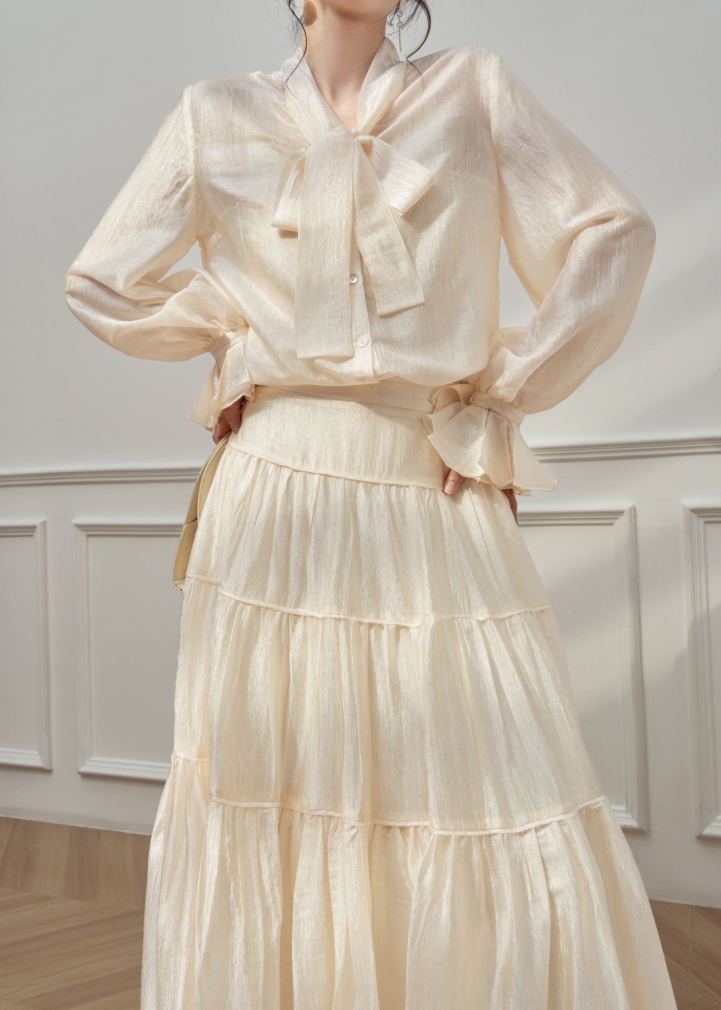 Apricot Petal Sleeve Shirts and Skirts Silk Two Pieces Set Spring