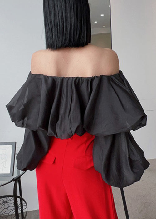 Black Cold Shoulder Wrinkled Chiffon Blouses Spring