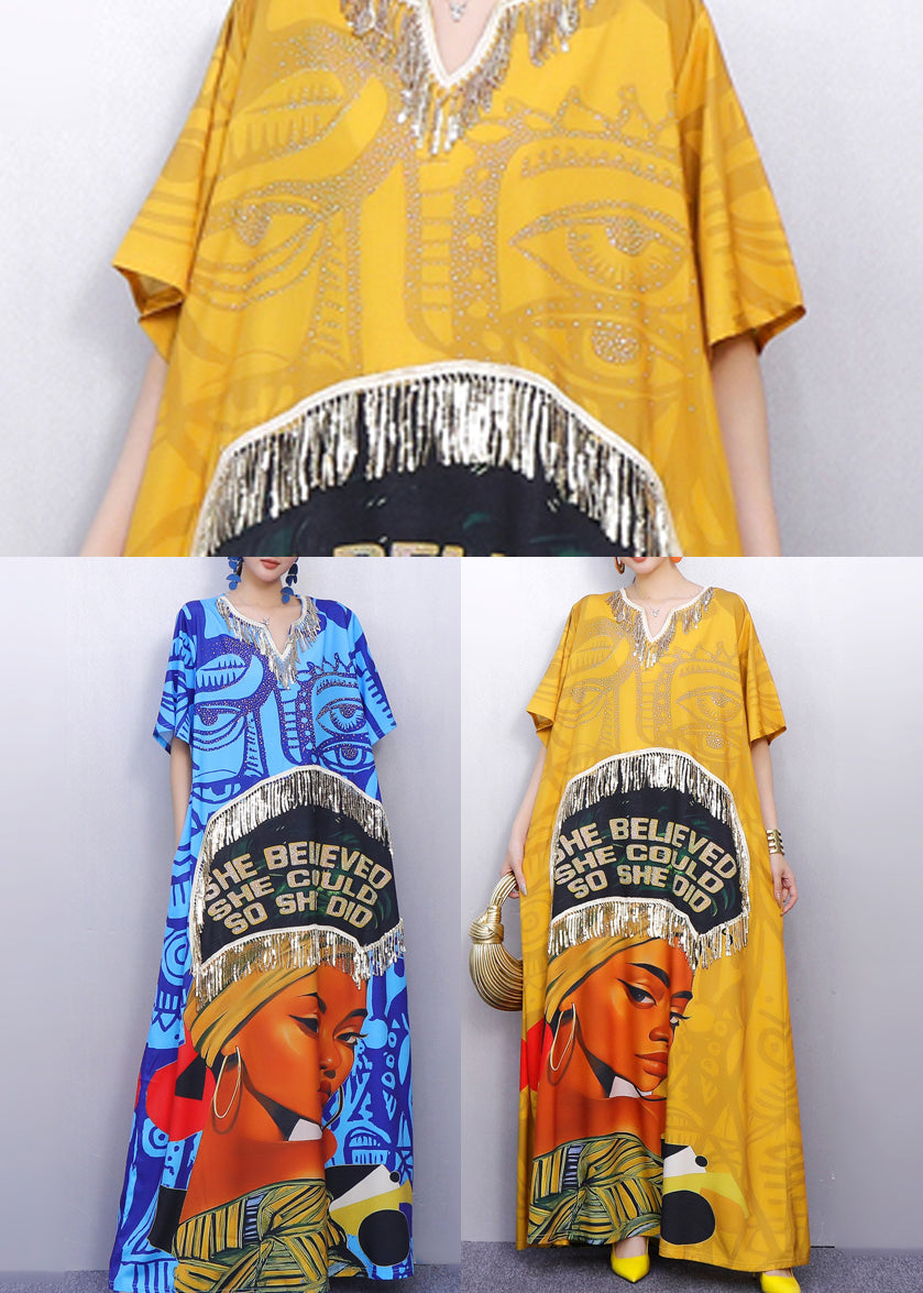 Yellow Tasseled Print Cotton Maxi Dress Summer