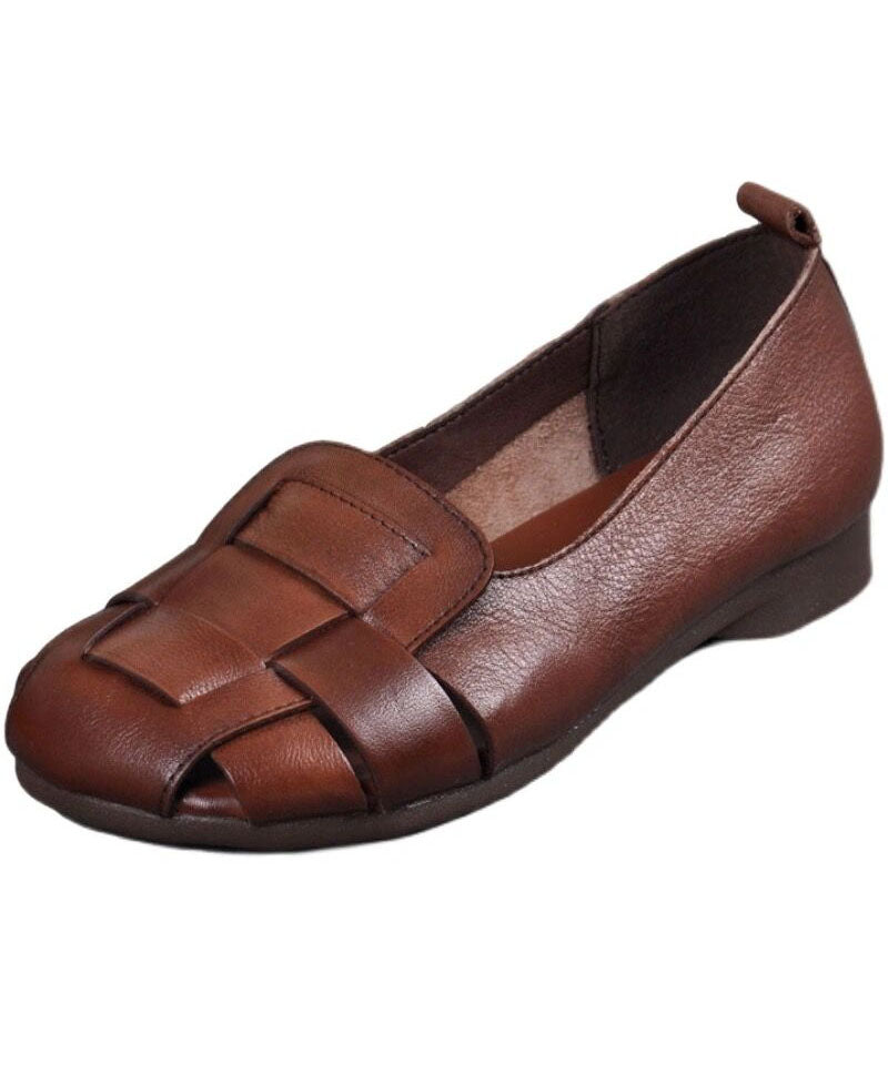 Brown Flat Feet Shoes Cowhide Leather Stylish Splicing Flat Shoes for