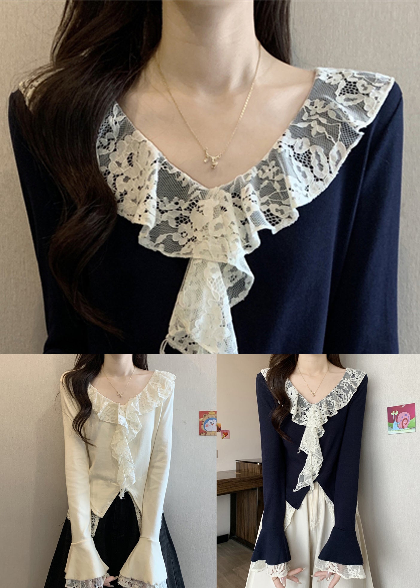 Navy V Neck Lace Patchwork Cotton T Shirts Flare Sleeve