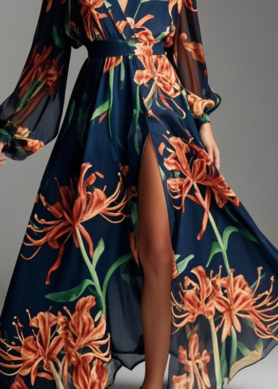 Navy V Neck Print Chiffon Beach Dresses Fall