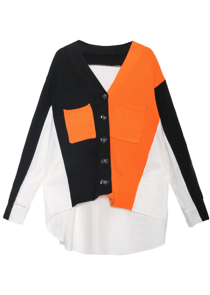 Stylish Black Patchwork Orange Pockets Asymmetrical Design Fall Knit Top