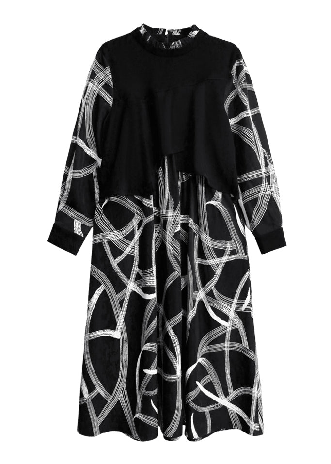 Black False Two Pieces Patchwork Cotton Dresses Fall