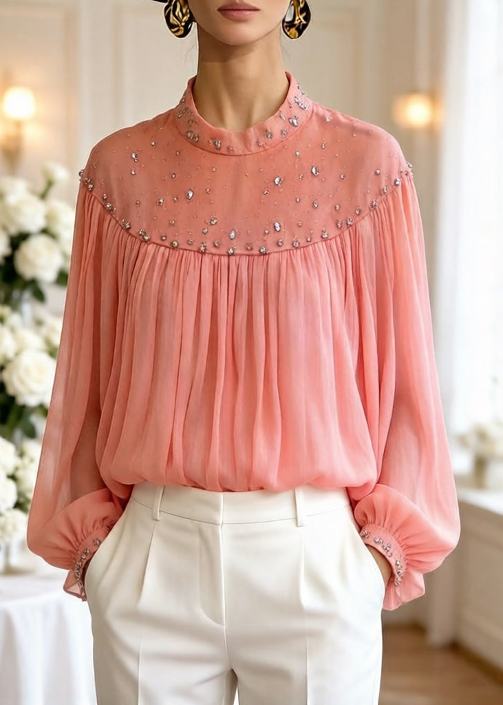Loose Orange Zircon Wrinkled Tulle Blouses Top Lantern Sleeve Spring