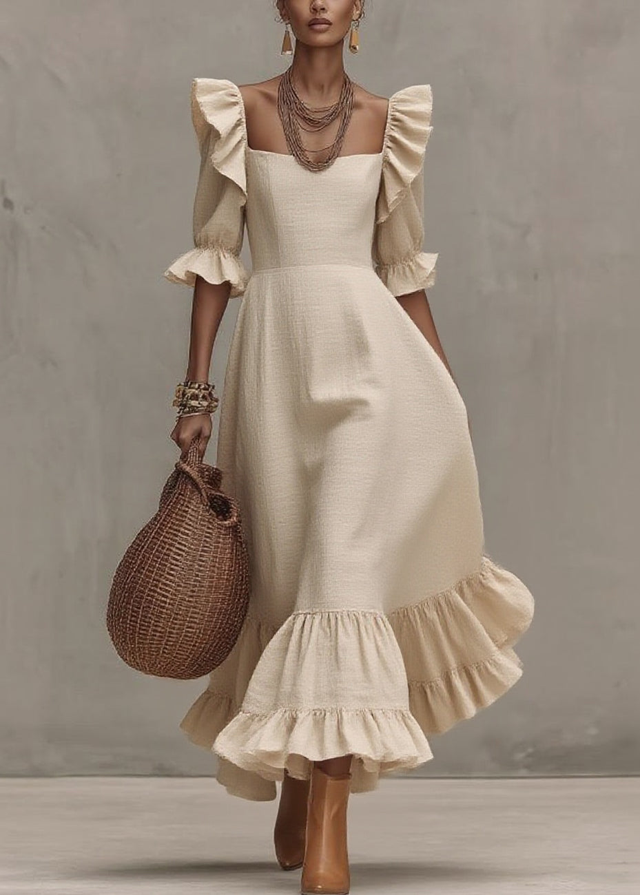 Beige Ruffled Patchwork Long Dresses Short Sleeve