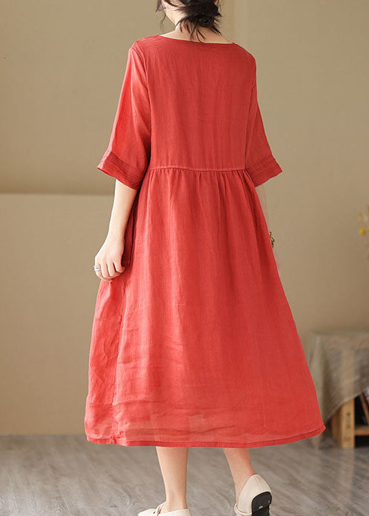 Red V Neck Wrinkled Patchwork Linen Dress Summer