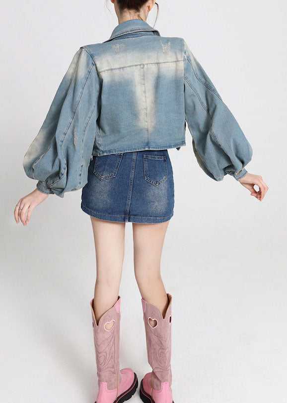 Blue Patchwork Denim Coats Lantern Sleeve