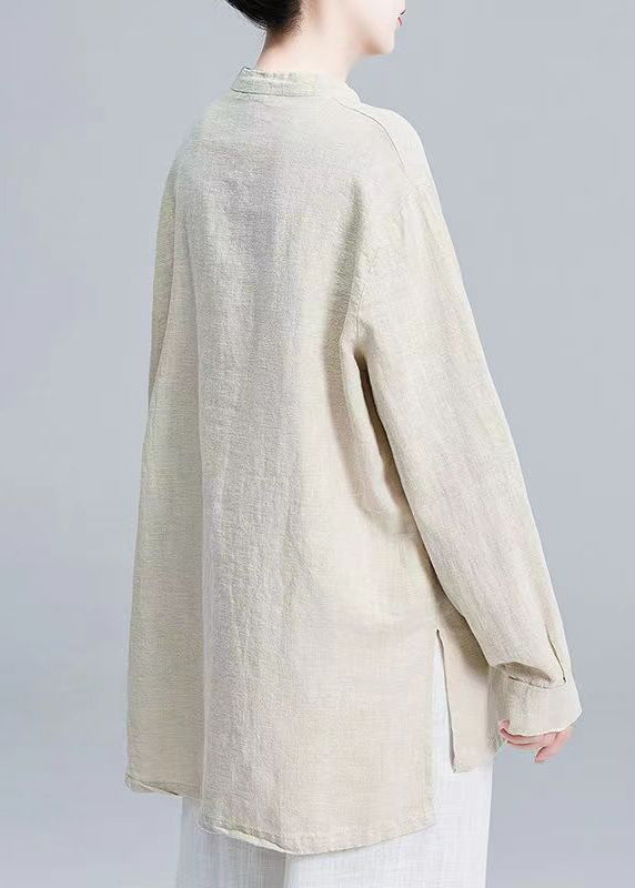 New Linen Stand Collarbutton Patchwork Linen Shirt Tops Fall