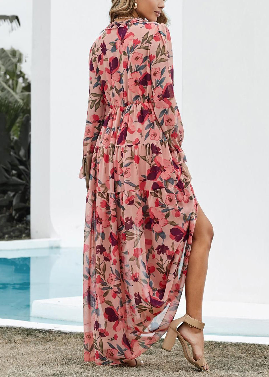 Pink V Neck Ruffled Print Chiffon Long Dress Spring