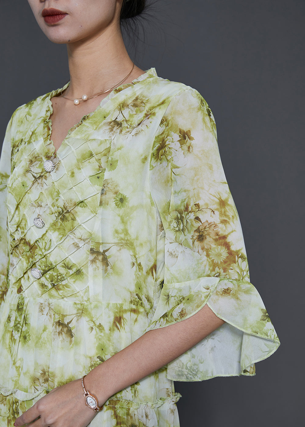 Grass Green Ruffled Tie Dye Chiffon Dresses Summer