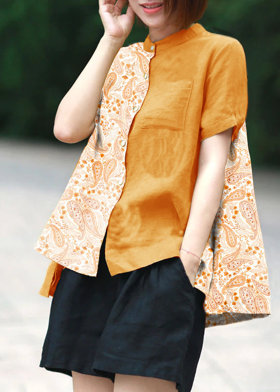 Blue Dot Print Patchwork Linen Top Button Stand Collar Summer