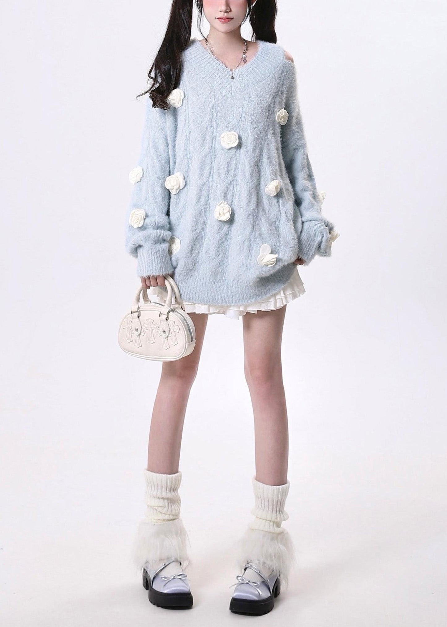 Fitted Sky Blue Cold Shoulder Knit Pullover Spring