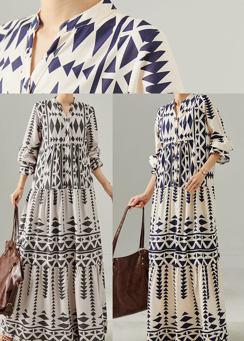 Grey Oversized Print Chiffon Dress Spring