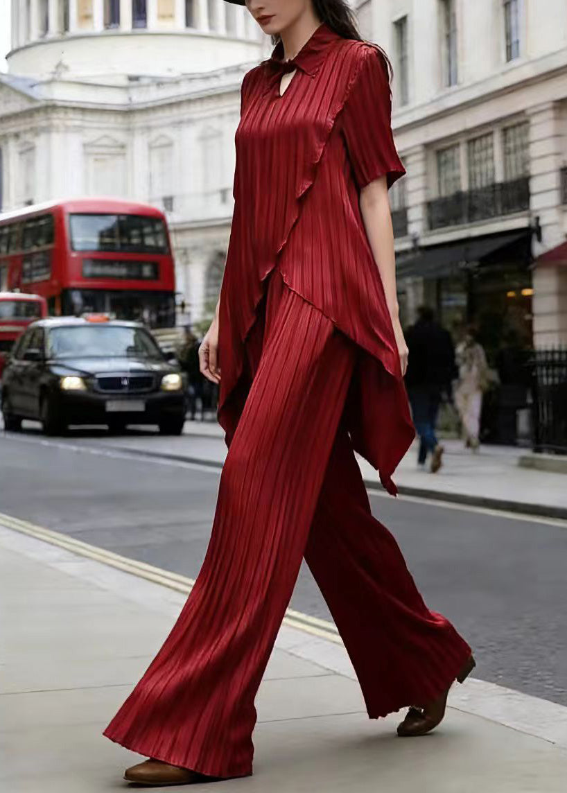 Red Asymmetrical Top and Pants Silk Two Pieces Set Summer