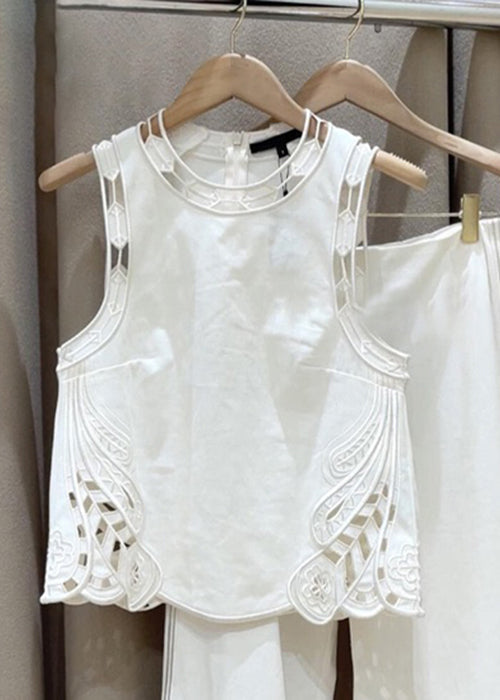 New White Zippered Hollow Out Cotton Two Pieces Set Sleeveless