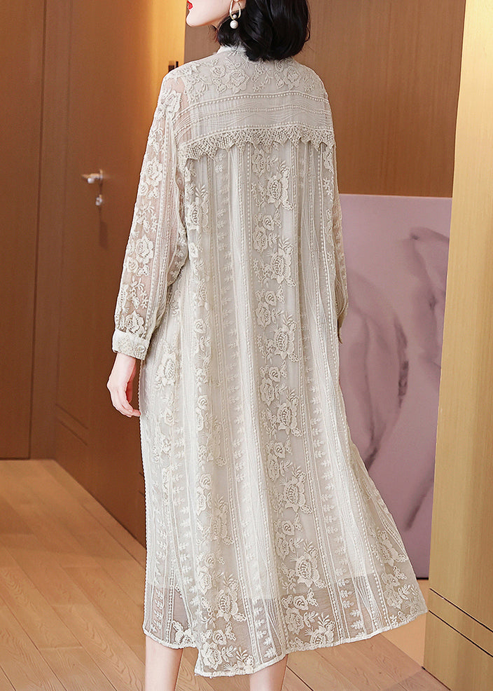 Beige Embroidered Button Silk Long Dresses Long Sleeve Spring