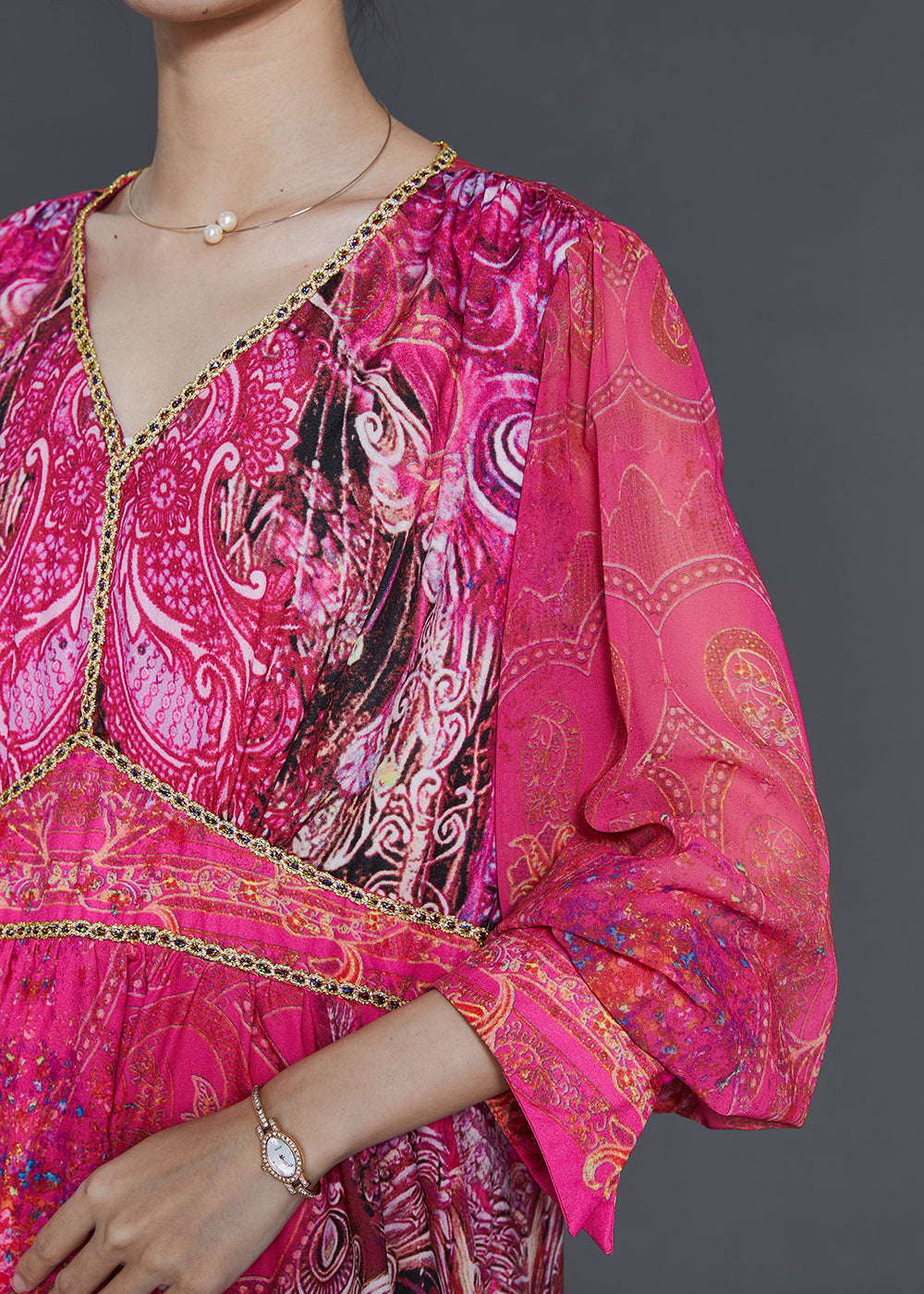 Rose V Neck Print Chiffon Style Dress Fall