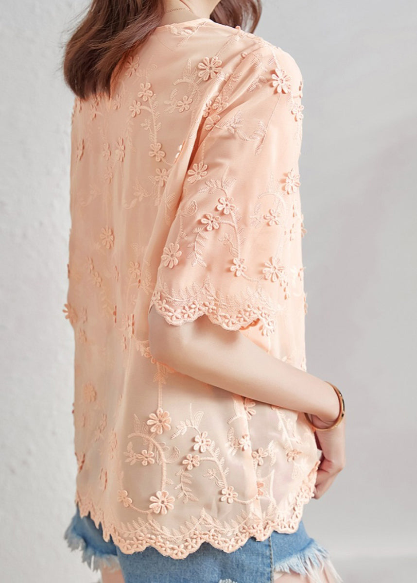 Vogue O-neck Embroidered Chiffon Shirt Short Sleeve