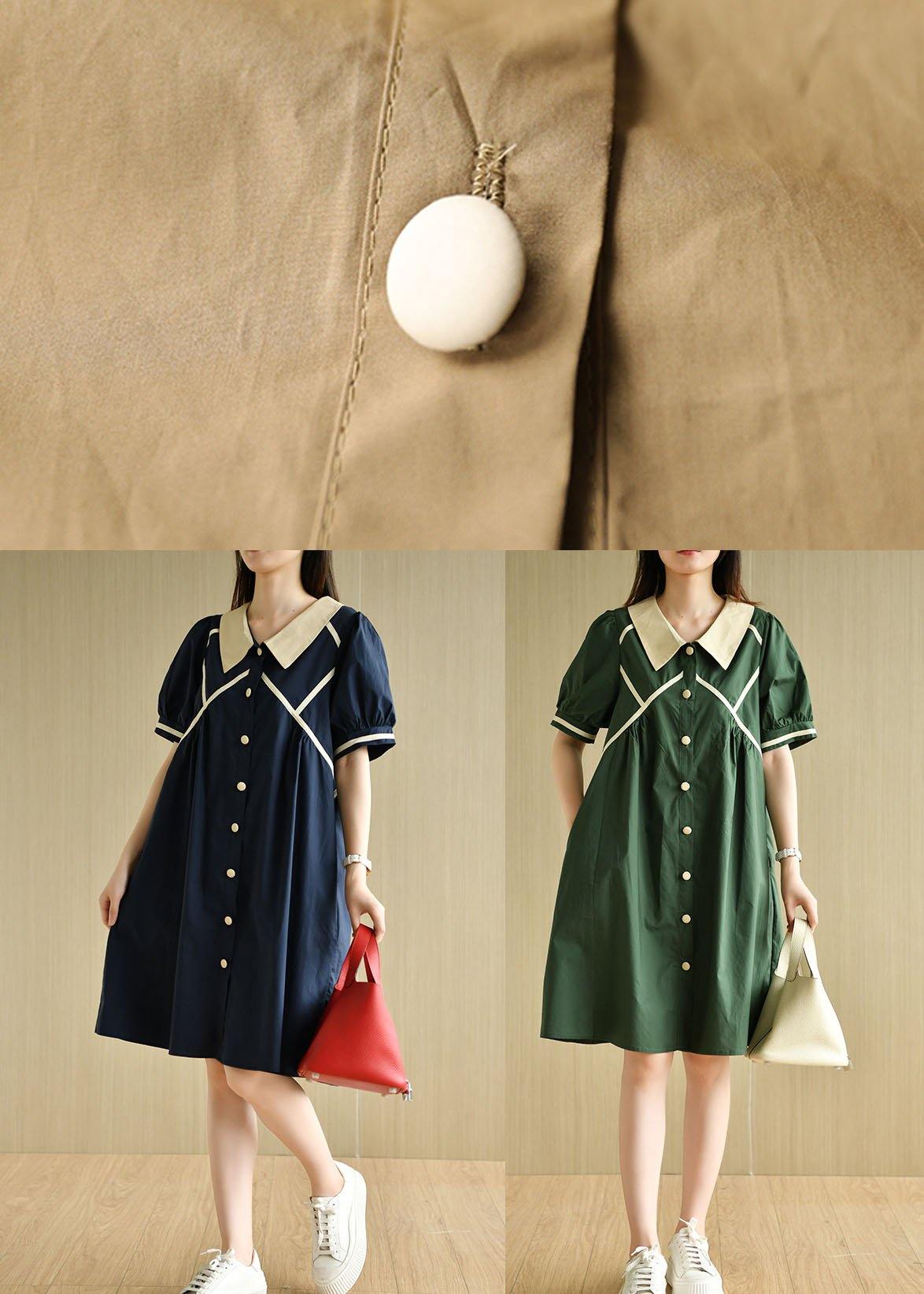 Khaki Loose Puff Sleeve a Line Summer Cotton Dress