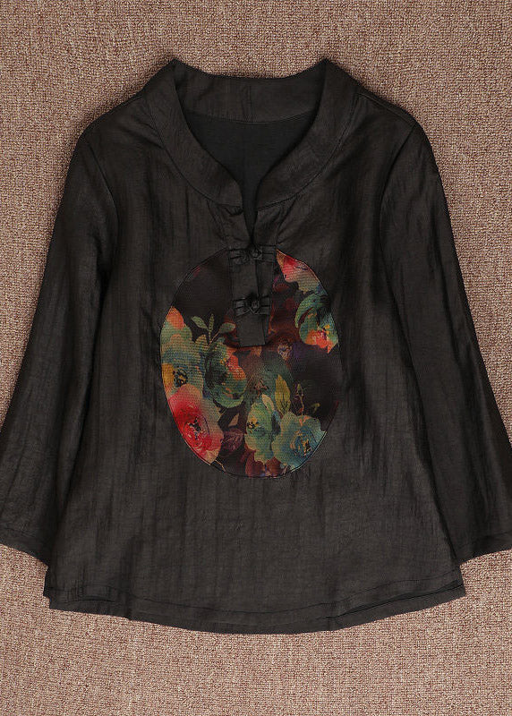 Black O-neck Print Button Silk Top Bracelet Sleeve