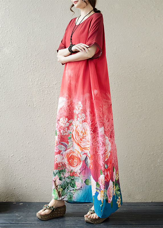 Gradient Red Oversized Print Holiday Dress Summer