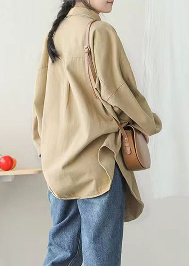 Khaki Peter Pan Collar Pockets Button Mid Coat Lantern Sleeve