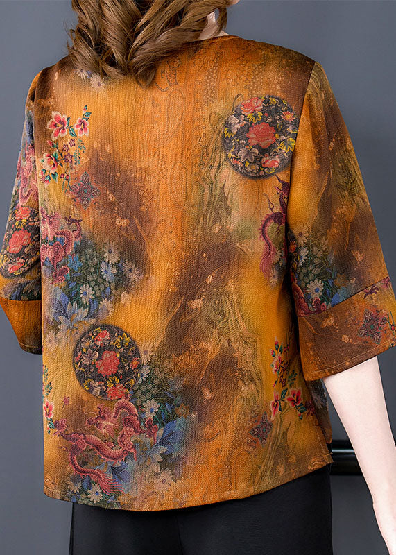 Chinese Style Yellow O-neck Oriental Button Print Silk Blouse Top Half Sleeve