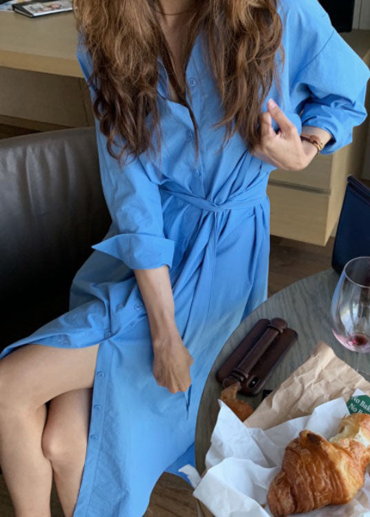 Modern Blue Tie Waist Side Open Cotton Dress Spring