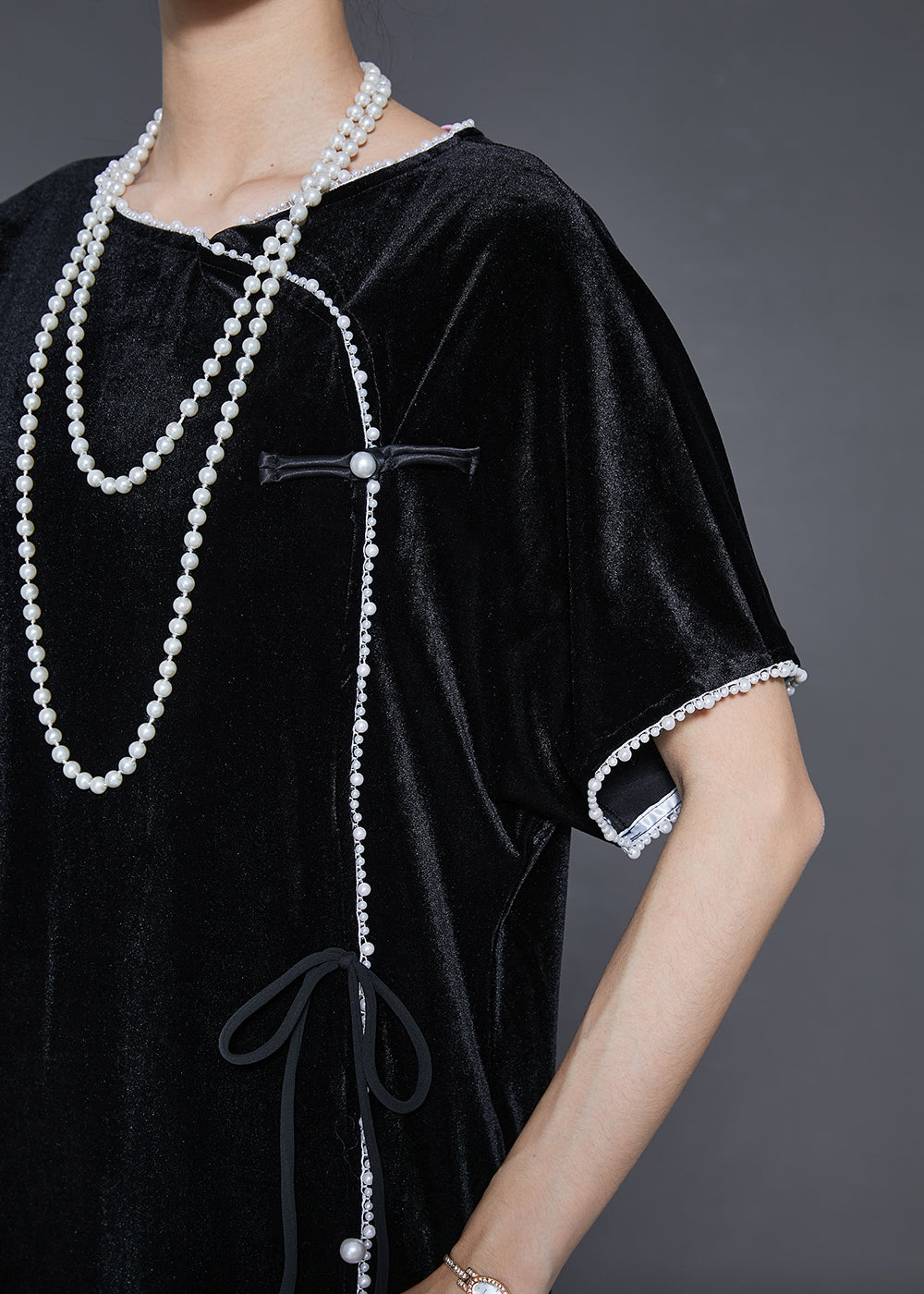 Fine Black Nail Bead Silk Velour Oriental Dresses Summer