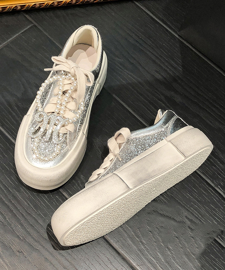 Silk Platform Cowhide Leather Splicing Lace Up Sequins Flat Shoes for