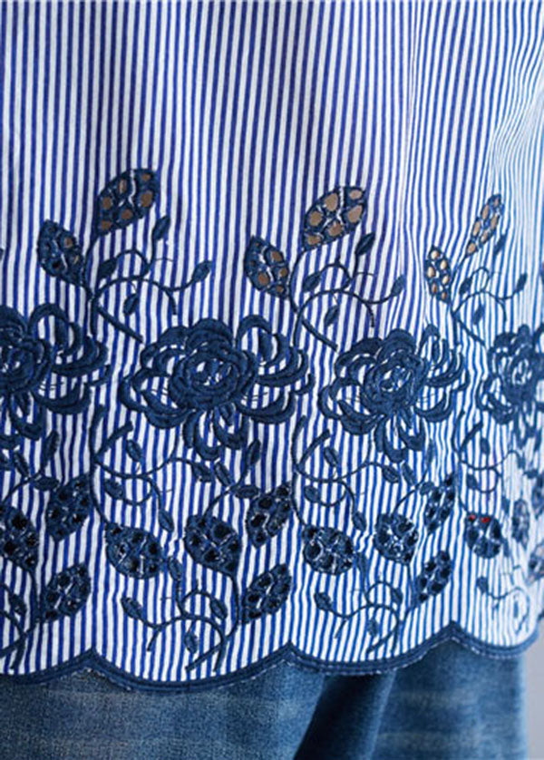 Style Blue O-neck Embroideried Striped Cotton Tops Bracelet Sleeve