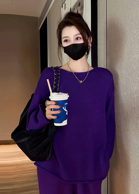 French Purple O Neck Knit Sweaters and Pants Two Pieces Set Fall